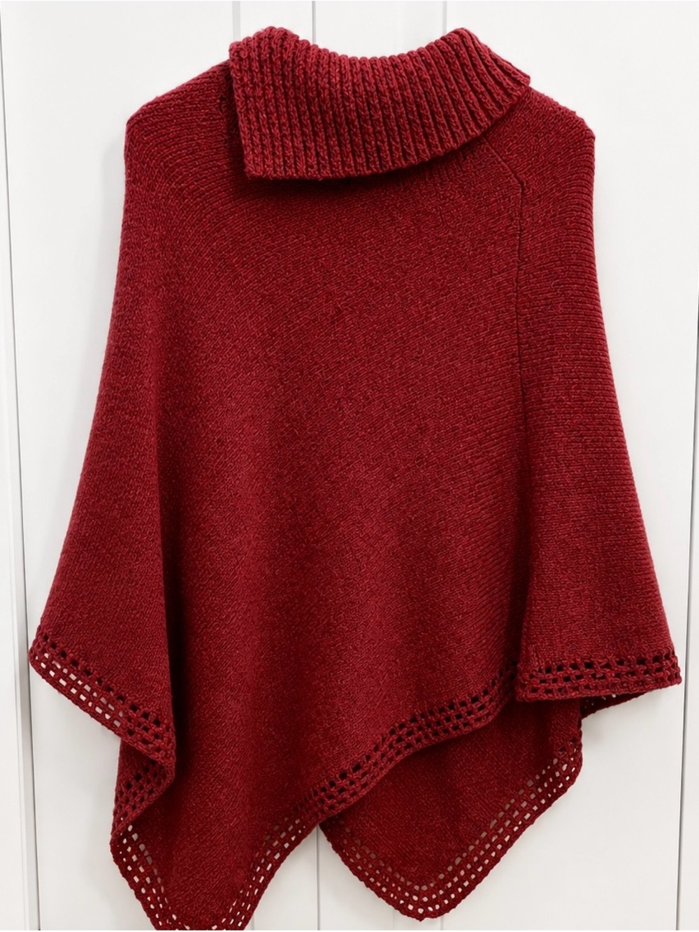 Women’s Red Button-Shoulder Knit Poncho Sweater - Picture 2 of 2